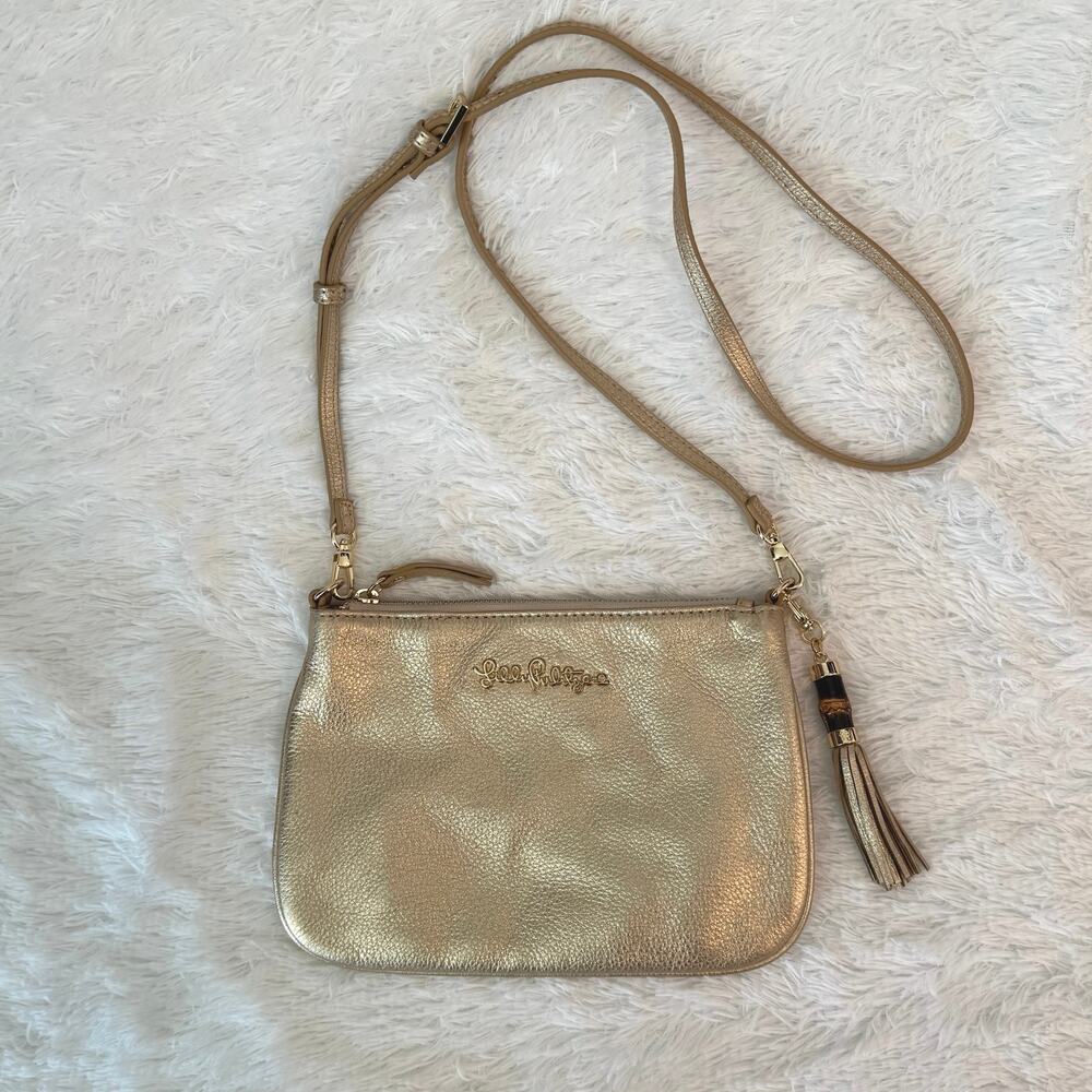 Lilly Pulitzer Cruisin Gold Metallic Leather Crossbody Bag Tassel
